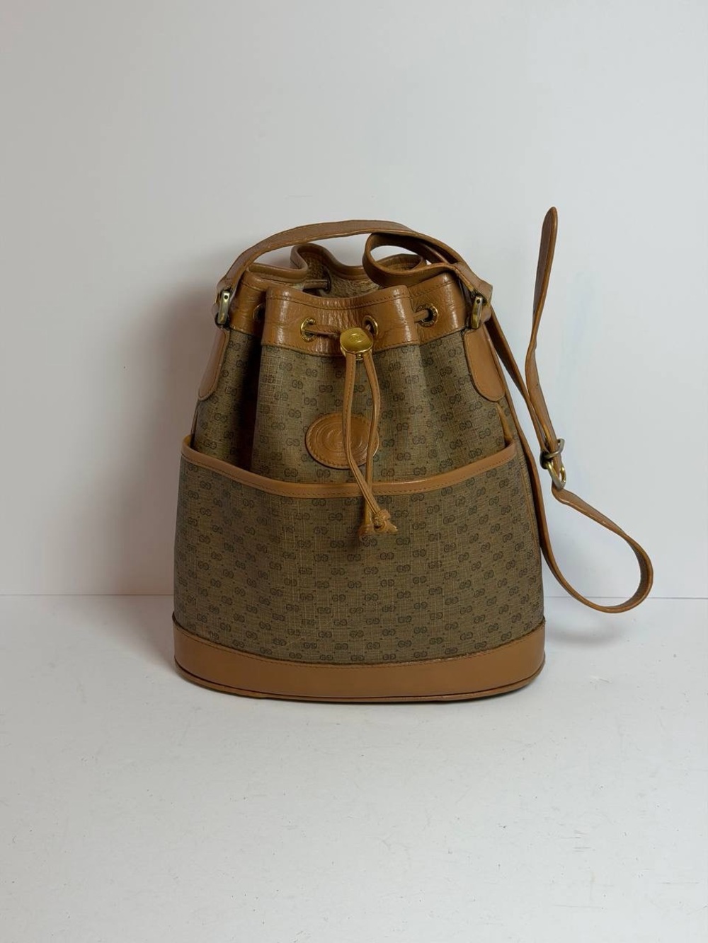 Vintage Gucci GG Supreme Monogram Drawstring Bucket Bag in Tan and Brown